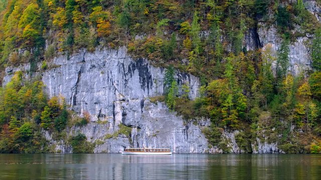 Konigssee lake with mountains and boat, Germany
