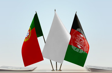 Flags of Portugal and Afghanistan with a white flag in the middle