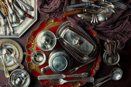 Old silver dishes with accessories for the kitchen