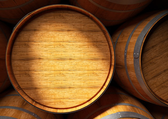 3D remderig of a close up of barrels of wine and Pisco in cellar