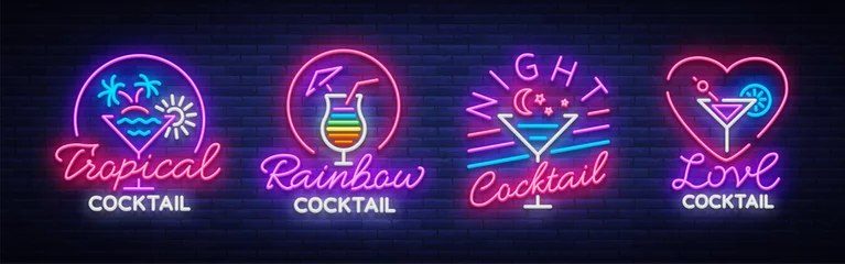 Foto op Plexiglas Cocktail collection logos in neon style. Collection of neon signs, Design template on the theme of drinks, alcoholic beverages. Bright advertising for cocktail bar, party, club. Vector illustration © Ivan