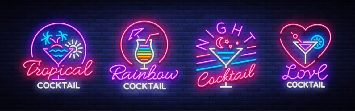 Cocktail collection logos in neon style. Collection of neon signs, Design template on the theme of drinks, alcoholic beverages. Bright advertising for cocktail bar, party, club. Vector illustration
