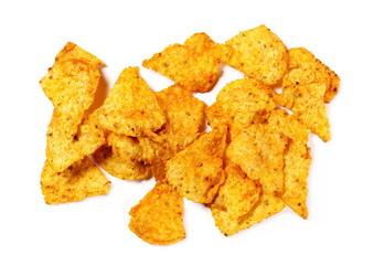 Chili tortilla chips pile isolated on white background, top view