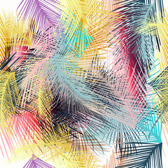 Fototapety  Wzór z liści tropikalnych palm. Wektor niebieski materiał kolorowe tapety projekt