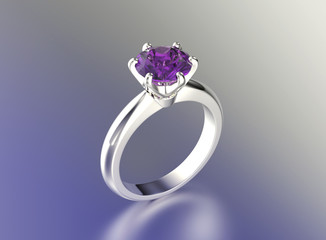 3D illustration gold ring with ultra violet gemstone. Jewelry background. Fashion accessory