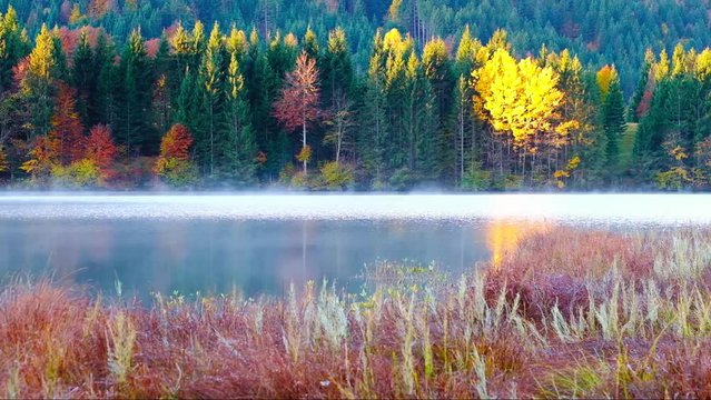 Geroldsee view during autumn with foggy sunrise
