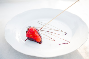 Strawberry in the chocolate on the stick on the white plate