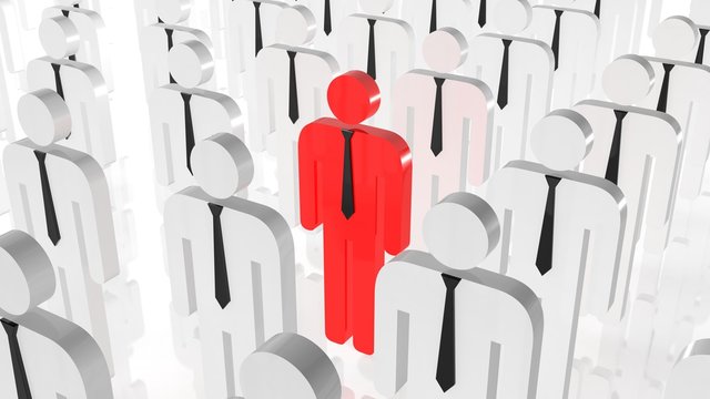 Stand out from crowd concept. Red man icon in middle of white man icons. Be different searching job