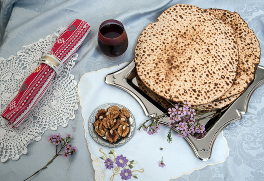 Round matzot handmade with wine  for pesach,  jewish tradition holiday