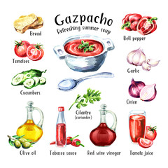 Gazpacho. Kalte Erfrischende Sommersuppe. Zutaten. Gezeichnete Illustration des Aquarells Hand, lokalisiert auf weißem Hintergrund