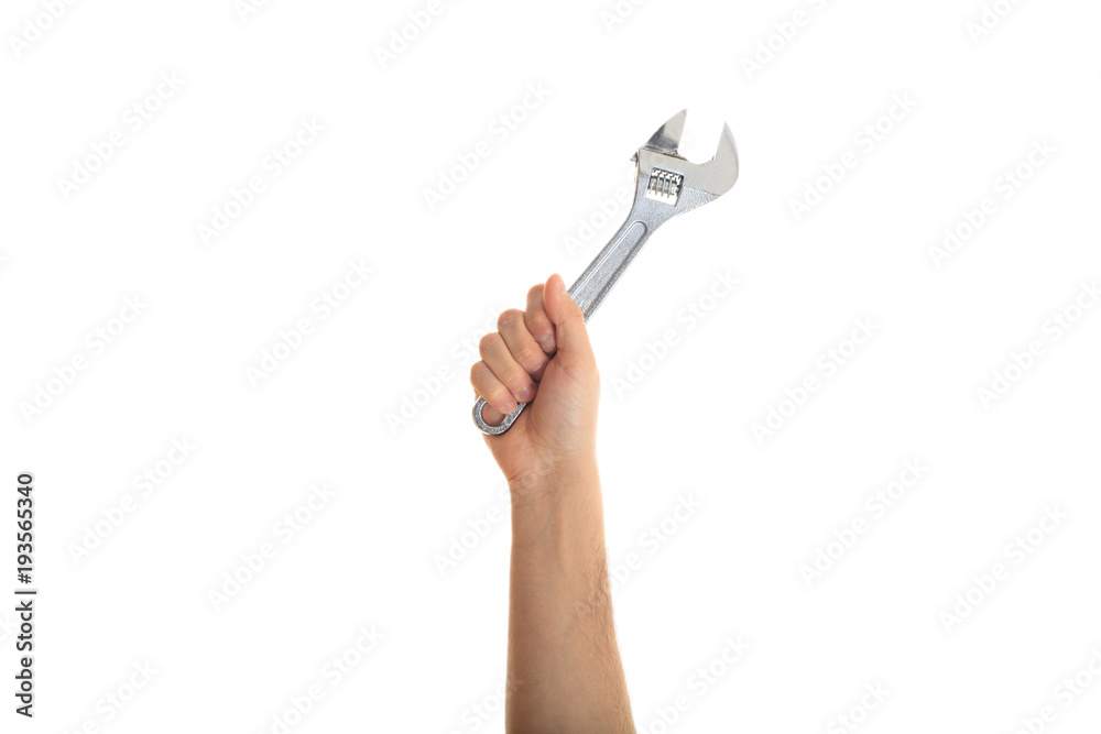 Sticker hand holding a metal wrench on white background