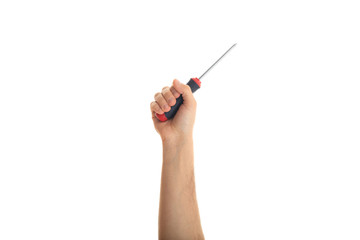 Hand holding a manual screwdriver on white background