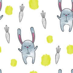 Watercolor seamless pattern vector / background. Cute Bunny