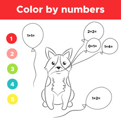 Coloring page with dog Welsh Corgi Pembroke. Math educational game for children. Printable worksheet. Learning addition. Vector illustration