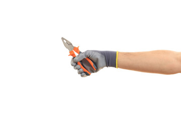 Naklejka premium Hand holding pliers pincers on white background