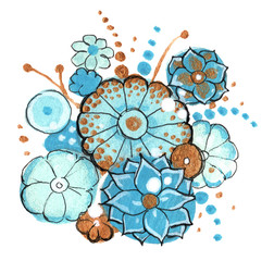 Bouquet of flowers on white background. Ink and acrylic technique