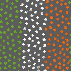 Fototapeta na wymiar Clover leaf Irish Flag Background. Green, White, Orange Colored Pattern. Saint Patrick s Day Hand Drawn Illustration. Savoyar Doodle Style.