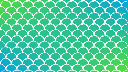 Fish scale on trendy gradient background. Horizontal backdrop with fish scale ornament. Bright color transitions. Mermaid tail banner and invitation. Underwater sea pattern. Green and blue colors.