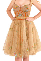 Beautiful princess style dress with delicate lace and flowers close up detail isolated on white...