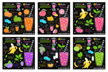 Healthy juice detox smoothie receipes set. Hand drawn vector illustration sketch style. Fruits, vegetables, juice.