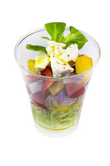 Mini appetizers from vegetable canap in plastic disposable dishes on white background 