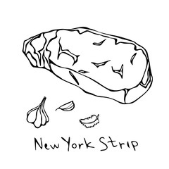 Most Popular Steak New York Strip. Beef Cut. Meat Guide for Butcher Shop or Steak House Restaurant Menu. Hand Drawn Illustration. Savoyar Doodle Style.