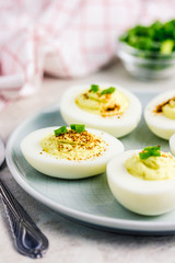 Sour cream deviled eggs with paprika and chives on white background. Selective focus ,space for text. 