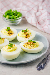 Deviled eggs with paprika and chives on white background. Selective focus ,space for text. 