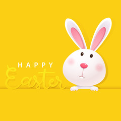Greeting card with white Easter Bunny on yellow background. Happy Easter lettering card with cute rabbit