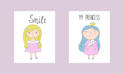 Cute hand drawn card with cute little girl. Printable template