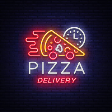 Delivery pizza neon sign. Logo in neon style, light banner, luminous symbol, bright night neon advertising food delivery for restaurant, cafe, pizzerias, dining. Italian cuisine. Vector illustration