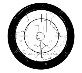 Cartoon stick man drawing conceptual illustration of jogging or running man being targeted by scope of sniper.