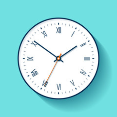 Simple Clock icon in flat style with Roman numerals. Minimalistic timer on color background. Business watch. Vector design element for you project