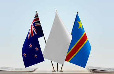Flags of New Zealand and Democratic Republic of the Congo (DRC, DROC, Congo-Kinshasa) with a white...