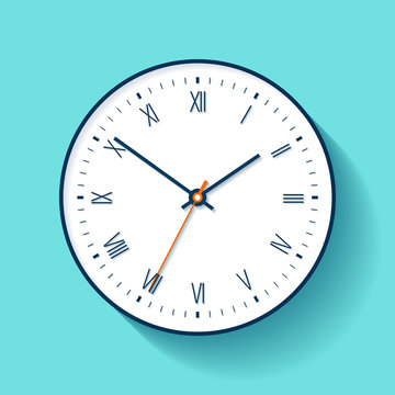 Simple Clock icon in flat style with Roman numerals. Minimalistic timer on color background. Business watch. Vector design element for you project