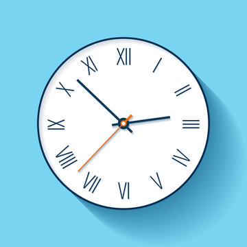 Simple Clock icon in flat style with Roman numerals. Minimalistic timer on color background. Business watch. Vector design element for you project