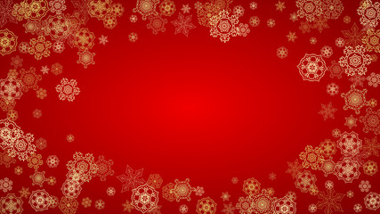 Christmas snowflakes on red background. Horizontal glitter frame for winter banner, gift coupon, voucher, ads, party event. Santa Claus color with golden Christmas snowflakes. Falling snow for holiday