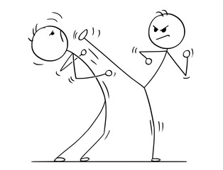 Cartoon stick man drawing illustration of karate or kung fu high kick fight or training. © Zdenek Sasek