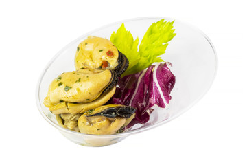 Mini canapes with seafood and vegetables and herbs and in plastic utensils isolated on white background. 