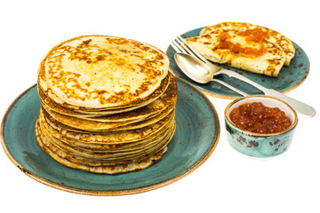 Fresh delicious pancakes with red caviar