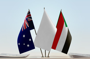 Flags of Australia and Sudan with a white flag in the middle