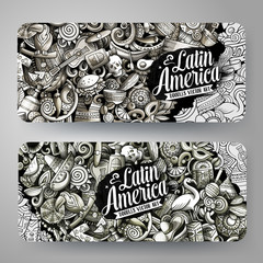 Cartoon graphics vector hand drawn doodles Latin America banners design.