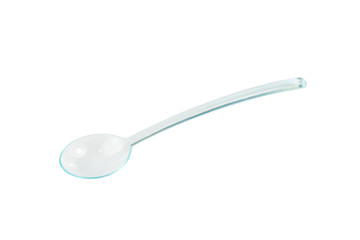 Miniature plastic utensils for snacks and canaps on a white background 