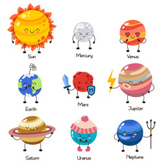 Set of vector doodle cartoon icons planets of solar system. Comic colored funny characters. Children s education. Wallpaper, background, symbols, template for web design, greeting card, cover, poster © yepifanovahelen