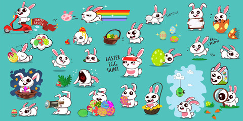 Easter bunny with colored eggs big set. Vector cartoon illustration. Cute rabbit character for the holiday.