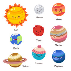 Set of vector doodle cartoon icons planets of solar system. Comic colored funny characters. Children s education. Wallpaper, background, symbols, template for web design, greeting card, cover, poster