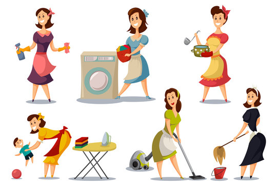Housewives in a vintage retro style 50's vector set. Cartoon illustration of a mother with a vacuum cleaner, ironing, washing, cooking, playing with a baby. Woman character does housework.