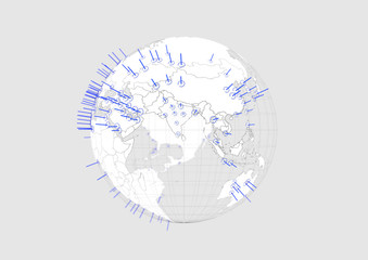 White world globe Eurasia map 3D illustration with blue graphic cities on white background with.