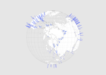 White world globe South america map 3D illustration with blue graphic cities on white background with.