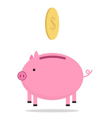 Piggy bank money. saving money, pig and coin, flat vector cartoon illustration